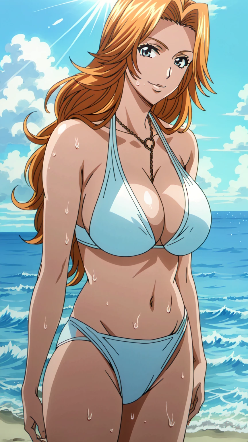 (ultra realistic,32k, masterpiece:1.2),(high detailed skin:1.1),( high quality:1.1),  Rangiku Matsumoto, matsumoto rangiku, 1girl, breasts, solo, long hair,orange hair,looking at viewer, large breasts,standing,huge breasts, smile,(ambient lighting:1.1), (soft shaded:1.1), looking at the viewer, blue theme, blue background, cloudy sky, sunlight, sweat, orgasmic, bikini swimsuit, large breasts, cleavage, belly button exposed, collarbone, thighs, sea and beach,