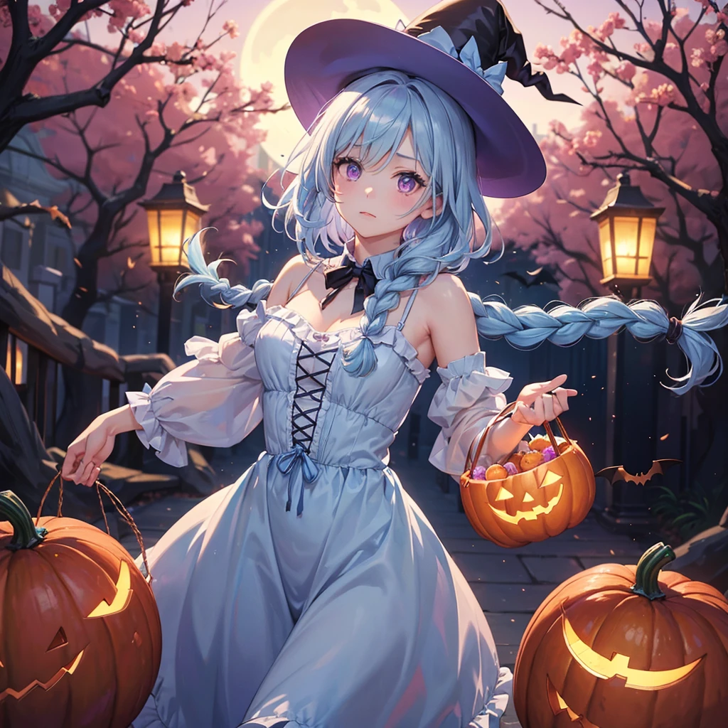 (Light blue medium hair:1.2),(Braided hair:1.2)、Pink eyes、Fair skin、cowboy shot、Halloween、The background is a pumpkin ghost、Crescent Moon、Trick or Treat、A lot of sweets、witch、Halloween night、Candy、many bat、Condescending expression、solo、(masterpiece、Highest quality、Very detailed、Best Shadow)、(Detailed Background)、(Beautifully detailed face)、High contrast、(Best lighting、Very delicate and beautiful)、(Cinematic Light)、colorful、Hyper Detail、Dramatic Light、Exquisite detail、