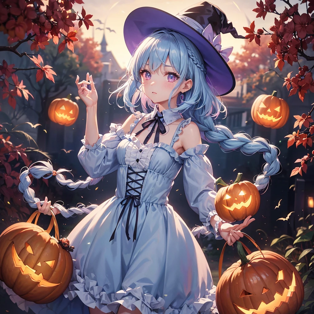 (Light blue medium hair:1.2),(Braided hair:1.2)、Pink eyes、Fair skin、cowboy shot、Halloween、The background is a pumpkin ghost、Crescent Moon、Trick or Treat、A lot of sweets、witch、Halloween night、Candy、many bat、Condescending expression、solo、(masterpiece、Highest quality、Very detailed、Best Shadow)、(Detailed Background)、(Beautifully detailed face)、High contrast、(Best lighting、Very delicate and beautiful)、(Cinematic Light)、colorful、Hyper Detail、Dramatic Light、Exquisite detail、