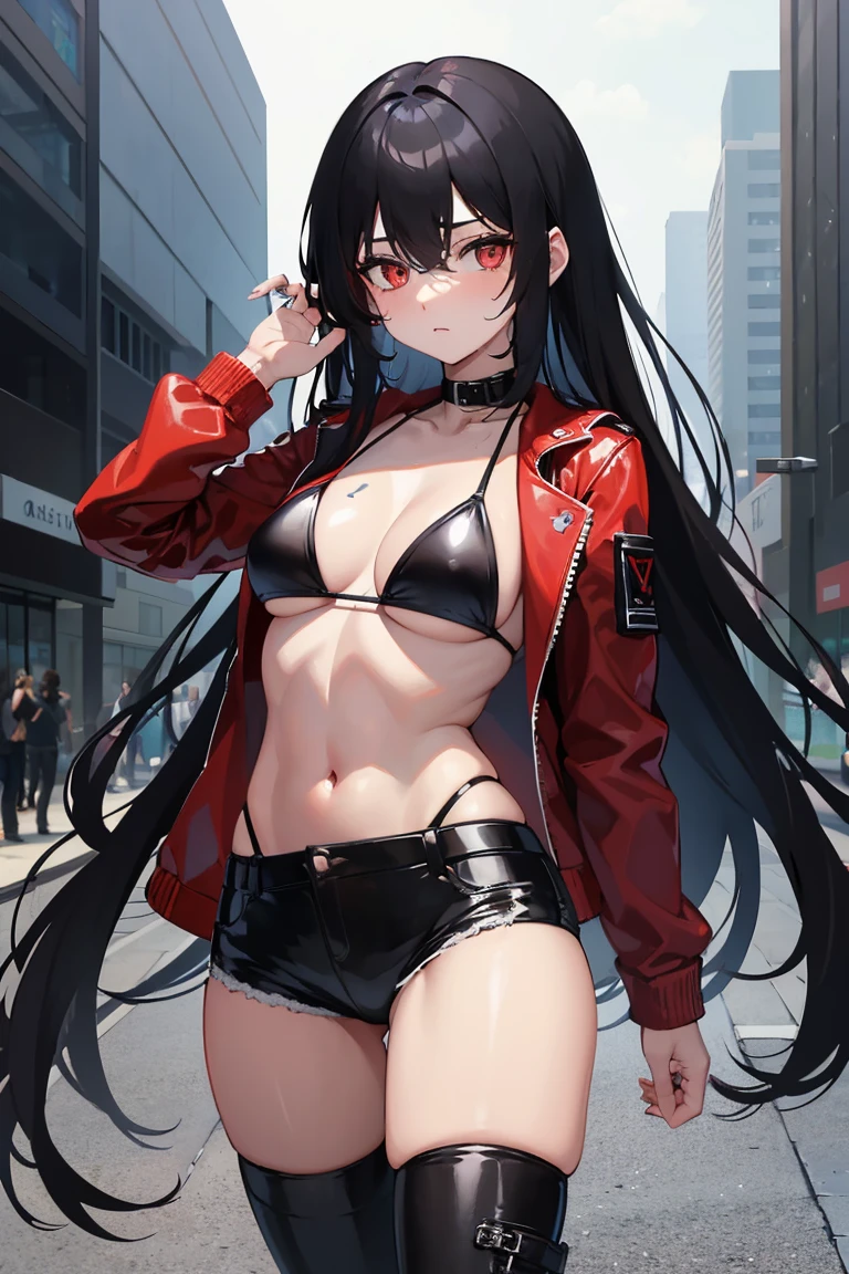 Kizi ((ultra quality)) ((best qualityer)) Bblack hair, bangss, long hair, アニメ, white, Eyes red, very red, black leather jacket, bikini underneath, ripped black pants, Raby, wet, injury, muito wet, muita Raby, looking forward and with injury!