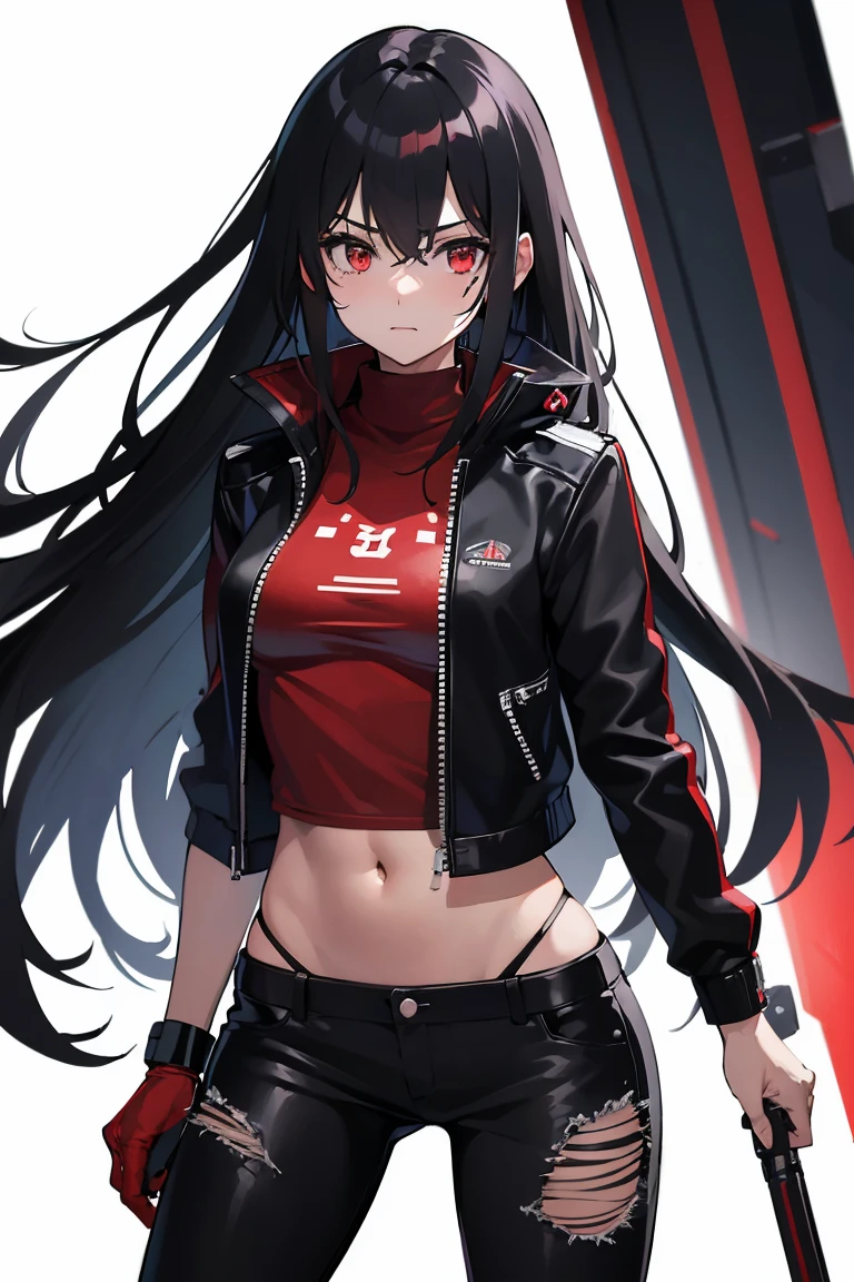 Kizi ((ultra quality)) ((best qualityer)) Bblack hair, bangss, long hair, アニメ, white, Eyes red, very red, black leather jacket, bikini underneath, ripped black pants, Raby, wet, injury, muito wet, muita Raby, looking forward and with injury!