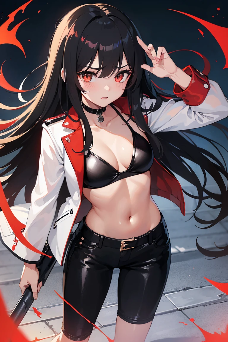 Kizi ((ultra quality)) ((best qualityer)) Bblack hair, bangss, long  hair, アニメ, white, Eyes red, very red, black leather jacket, bikini underneath, ripped black pants, Raby, wet,  injury, muito wet, muita Raby, looking forward and with injury!