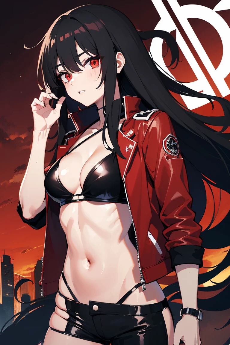 Kizi ((ultra quality)) ((best qualityer)) Bblack hair, bangss, long  hair, アニメ, white, Eyes red, very red, black leather jacket, bikini underneath, ripped black pants, Raby, wet,  injury, muito wet, muita Raby, looking forward and with injury!