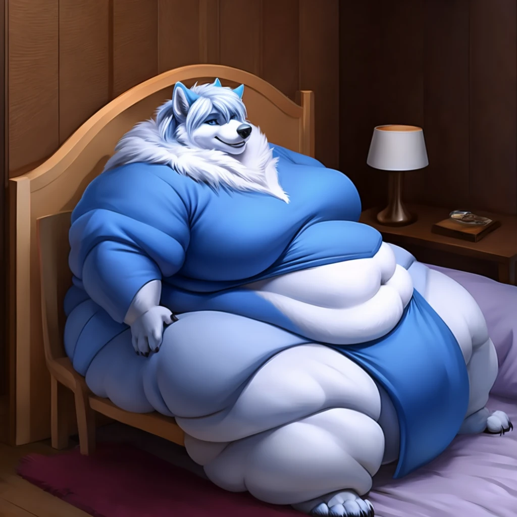 A gorgeous morbidly obese Arctic female wolf sitting in bedbed