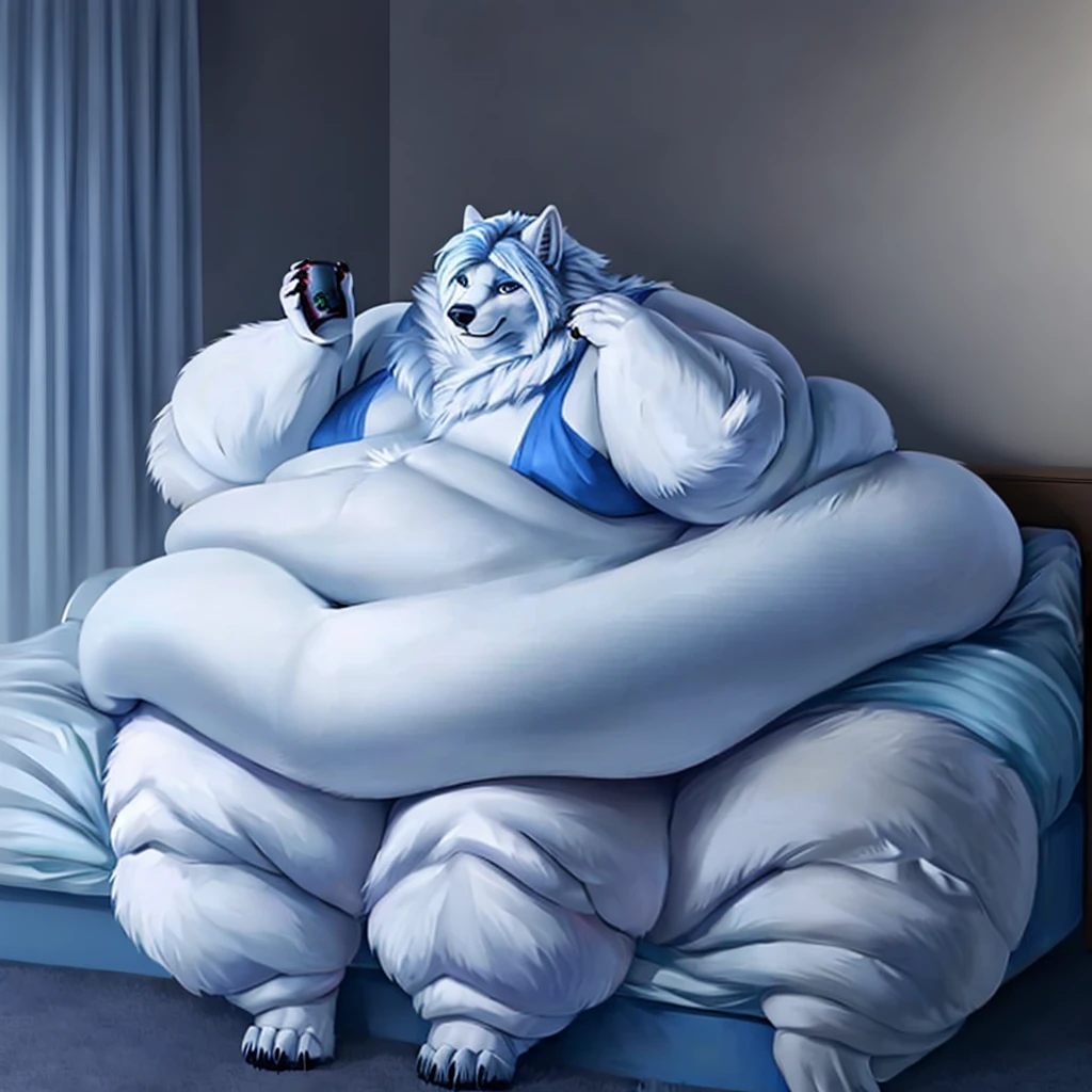 A gorgeous morbidly obese Arctic female wolf sitting in bedbed