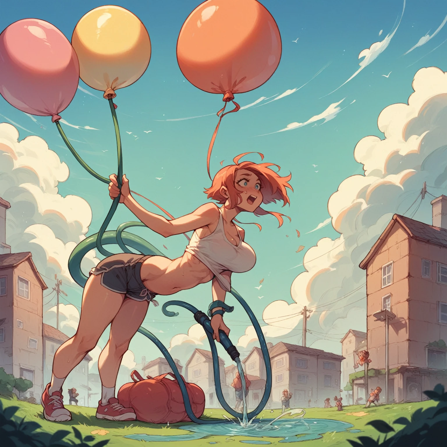 A girl with her belly and breasts being inflated like a giant balloon with a hose