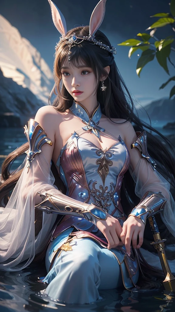 Close-up of a woman with rabbit ears and a sword, Queen of the Sea Mu Yanling, Zodiac Girl Knight Portrait, Lineage 2 Revolution Style, Smooth anime CG art, Game CG, beautiful fantasy queen, Complex and gorgeous anime CGI style, drank, Movie goddess close up, anime goddess, deadly, Realistic anime girl rendering