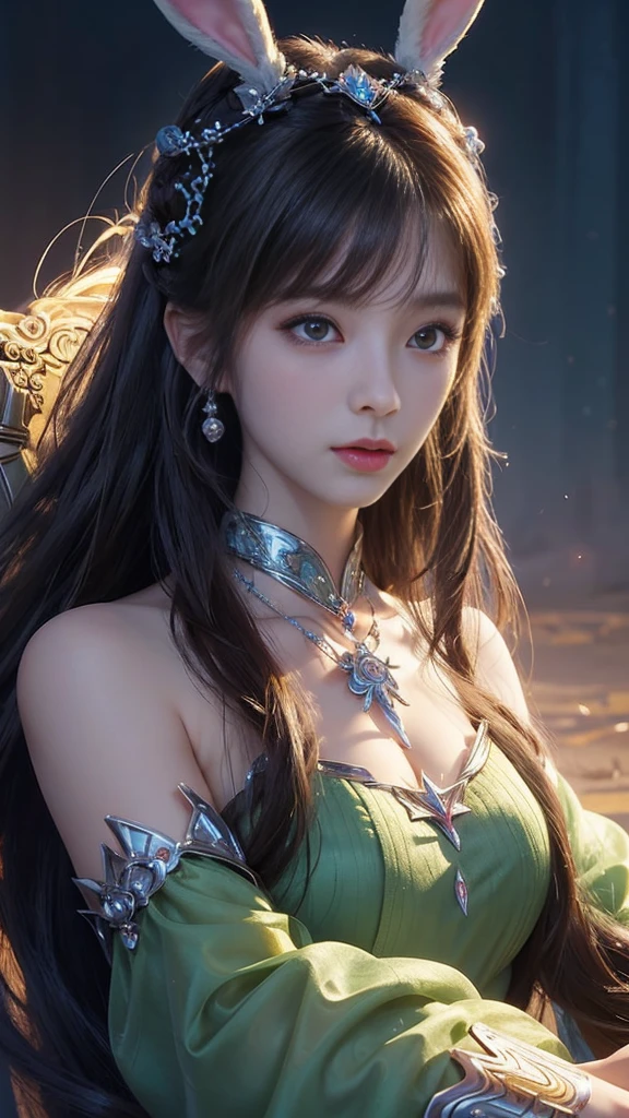 Close-up of a woman with rabbit ears and a sword, Queen of the Sea Mu Yanling, Zodiac Girl Knight Portrait, Lineage 2 Revolution Style, Smooth anime CG art, Game CG, beautiful fantasy queen, Complex and gorgeous anime CGI style, drank, Movie goddess close up, anime goddess, deadly, Realistic anime girl rendering