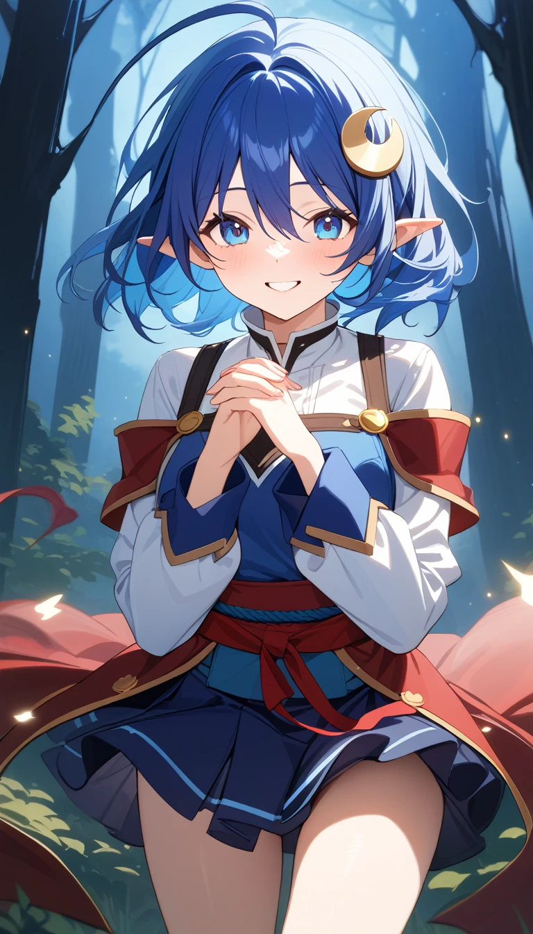 1girl, RENA LANFORD, 1GIRL, AHOGE, BLUE HAIR, SHORT HAIR, BLUE EYES, POINTY EARS
CRESCENT HAIR ORNAMENT, RED CAPE, BLUE VEST, LEATHER ARMOR, RED RIBBON, WAIST RIBBON, BLUE SKIRT, MINISKIRT, SHOES, BREAK kawaii, smile, cowboy shot, own hands clasped, forest, night, lightning bug, light particle, BREAK detailed face, smooth skin, cinematic lighting, volumetric shadow, BREAK score_9, score_8_up, score_7_up, (masterpiece:1.2), (best quality:1.2), (very aesthetic:1.2), (absurdres:1.2), (detailed background), newest, (intricate:1.2), 