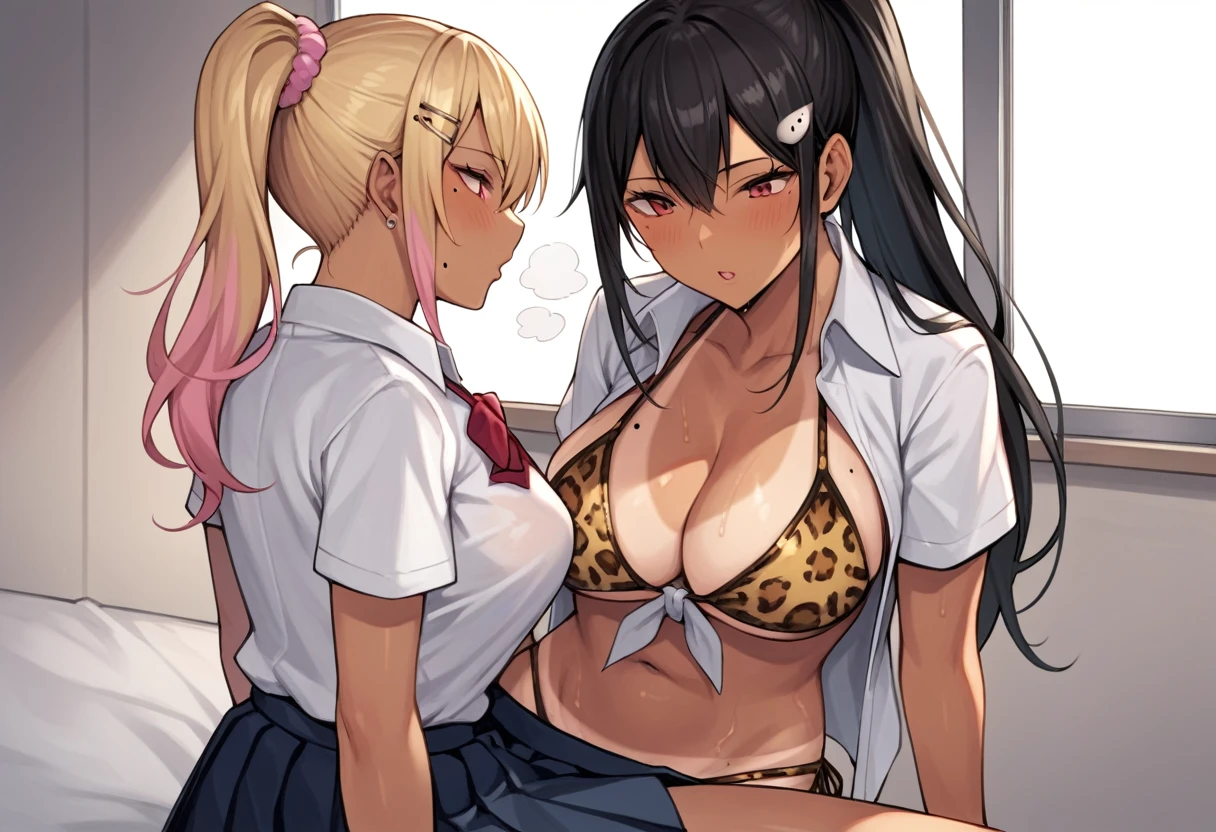 score_9, score_8_up, score_7_up, source_anime BREAK,Mina Ashiro,BLACK HAIR, PONYTAIL, LONG HAIR, HAIR ORNAMENT, MOLE UNDER EYE, MOLE, RED EYES ,GYARU,TIED SHIRT,OPEN CLOTHES,BIKINI,,LEOPARD PRINT,(school uniform:1.3),1female,large breasts,tanlines,dark-skinned female,(steam,Sweat),1horse,Interspecies Sex,Sex while holding on to a horse