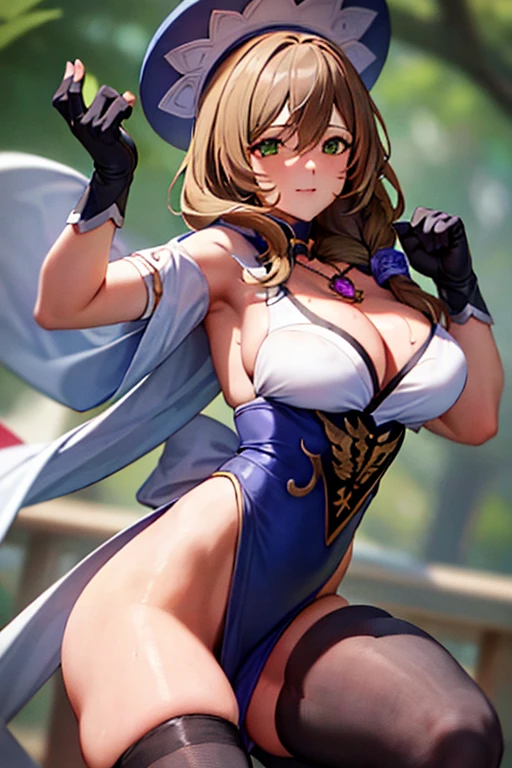 masterpiece, high resolution, best quality, rendered art, beautiful art, well formed fingers and hands, 1 woman, Lisa Minci, hair ornament ,adult, grown up, 31 years old, large and round breasted, cleavage, full body, wearing a Iroha Samurai Spirits cosplay, Iroha_Samurai_Spirits_cosplay, maid hat, choker, fingerless gloves, black tights, sexy and skimpy kimono, pelvic curtain, white maid uniform,fighting in a combat match, showing her fighting skills, making her guard, about to hit the viewer, looking at the viewer, sweating, bouncing breasts, smiling joyfully and brightly, being confident and proud, action and fighting scene, fighting cage on beach environment.