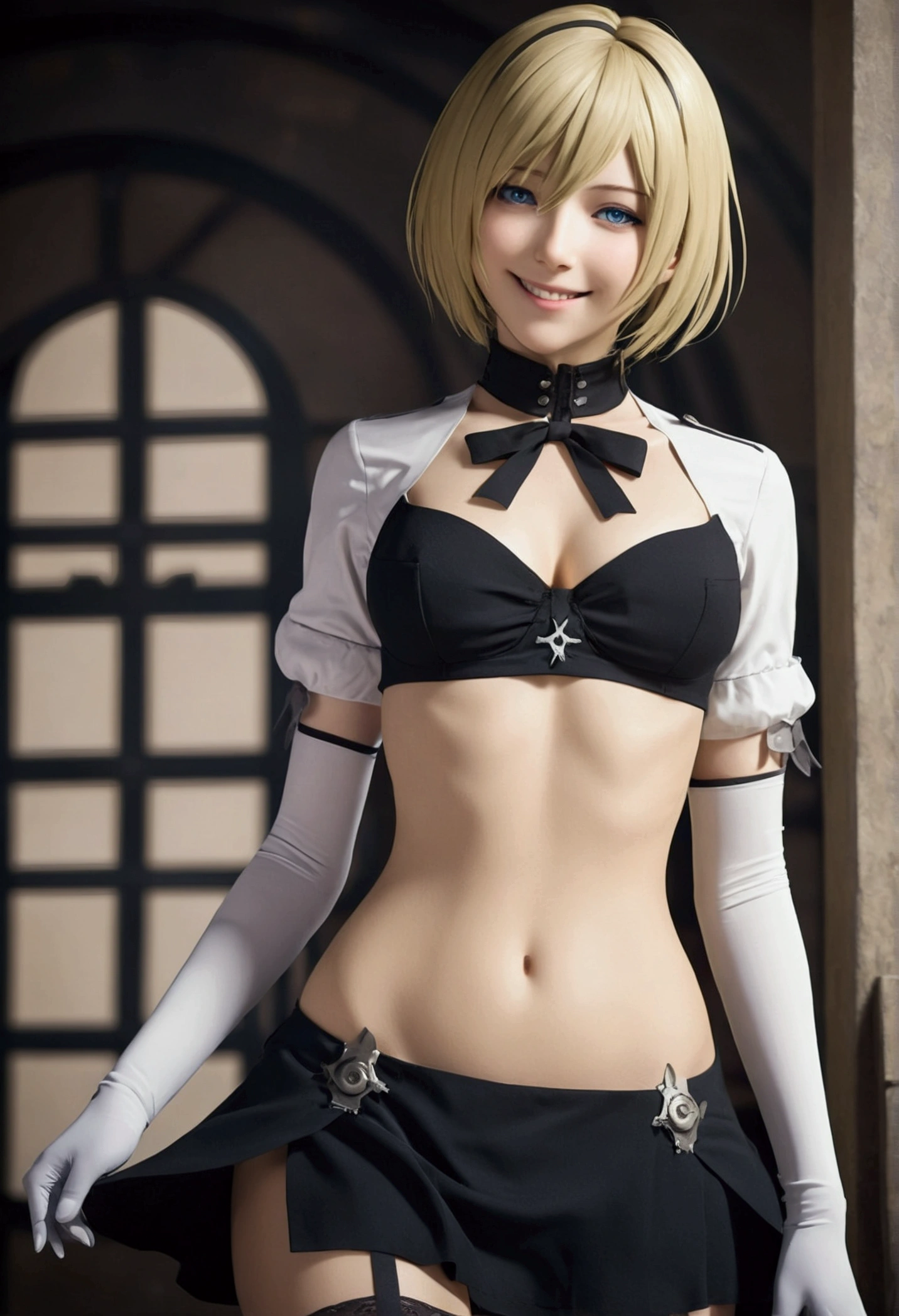 otaku girl, beautiful, Whole body, slender, Golden hair, blue eyes, uniform, smile, neckline, 2b (nier:automata), ,  love, sexy, lingerie

