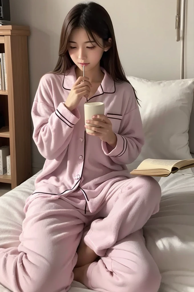 I am reading、In pajamas、20-year-old.Japanese、Women、beautiful、Looking this way