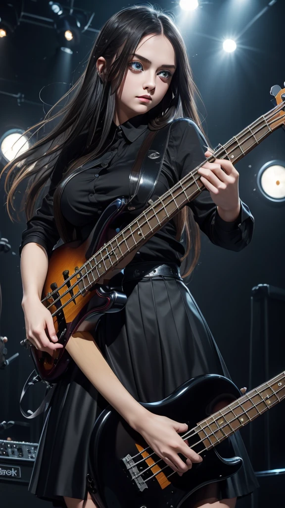 ((masterpiece, best quality))1girl, solo, black dress, big eyes, blue eyes, electric bass, bassist, Big Breasts, holding, holding plectrum, instrument, Long Straight hair, music, one side up, playing bass, pleated skirt, black shirt.