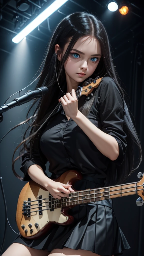 ((masterpiece, best quality))1girl, solo, black dress, big eyes, blue eyes, electric bass, bassist, Big Breasts, holding, holding plectrum, instrument, Long Straight hair, music, one side up, playing bass, pleated skirt, black shirt.