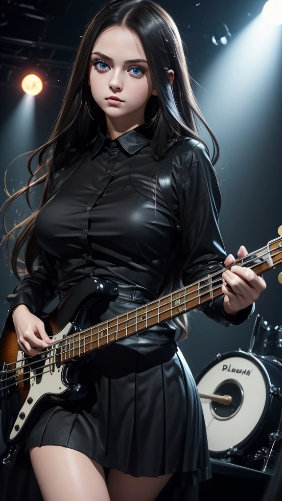 ((masterpiece, best quality))1girl, solo, black dress, big eyes, blue eyes, electric bass, bassist, Big Breasts, holding, holding plectrum, instrument, Long Straight hair, music, one side up, playing bass, pleated skirt, black shirt.