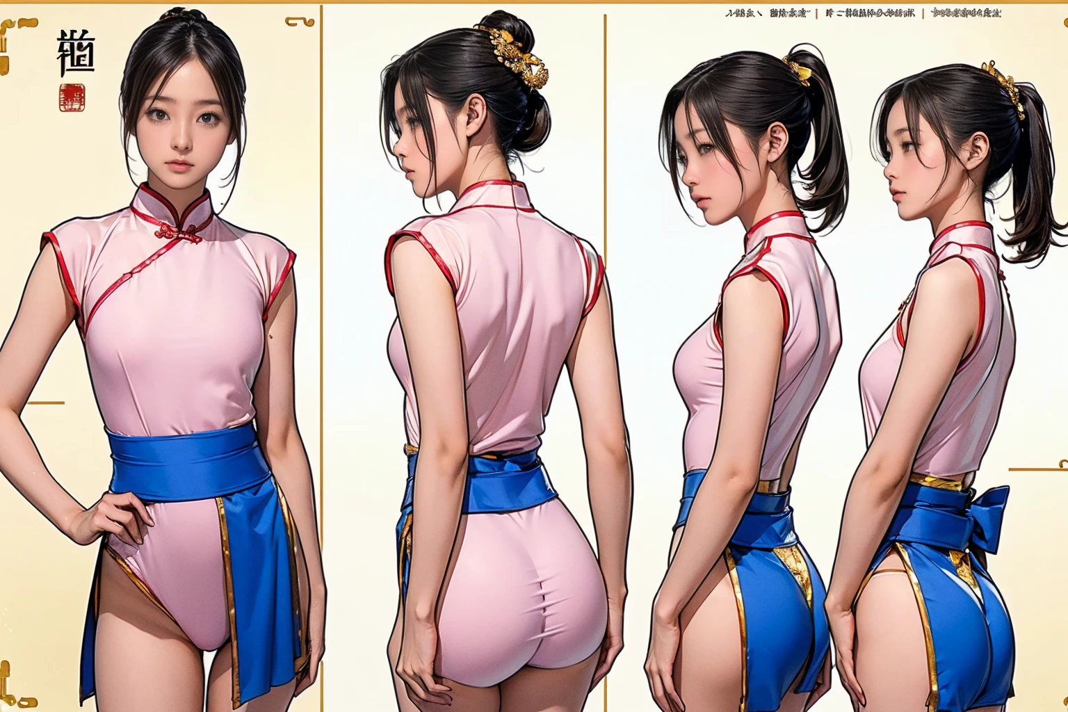 ((masterpiece)),(((Highest quality))),((Reference Sheet, Character Design, front, return, ~ ~ ~ side, Mr...々Hairstyle, Mr...々performance, Facial Expressions)), 14-year-old girl, Cute type,  (Very slim:1.4), (Very small ass:1.4), Realistic buttocks, Big Breasts, Short Bob, Thin thighs, Long legs, It's not a big deal, ((Chinese Dance)), (Browsing Caution)