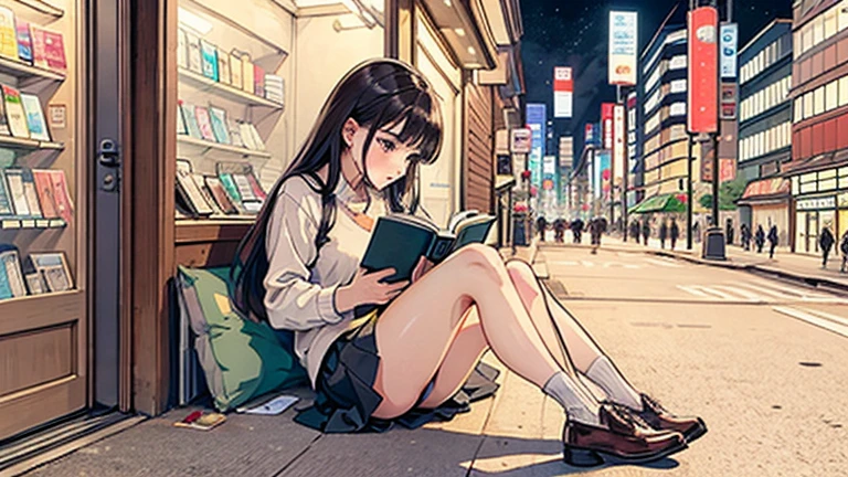 The brunette girl was alone in Tokyo.,Reading a book,mini skirt,Attractive legs
