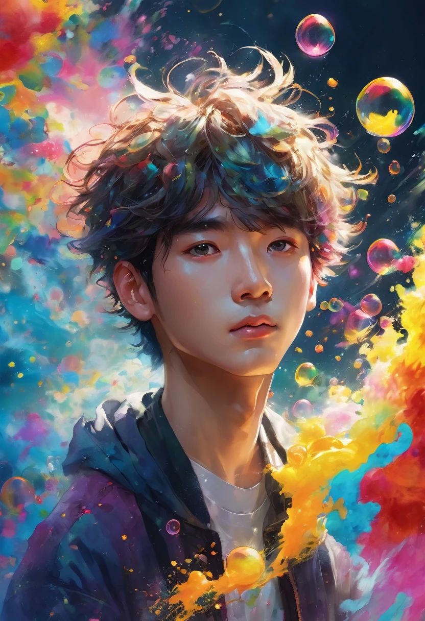 Xingqiu (masterpiece), (best quality), (ultra detailed),(disheveled hair),(illustration), (1boy), beautifuldetailedeyes,delicate beautiful face,Floating,(high saturation),(colorful splashes),colorful bubble,(shining),focus on face