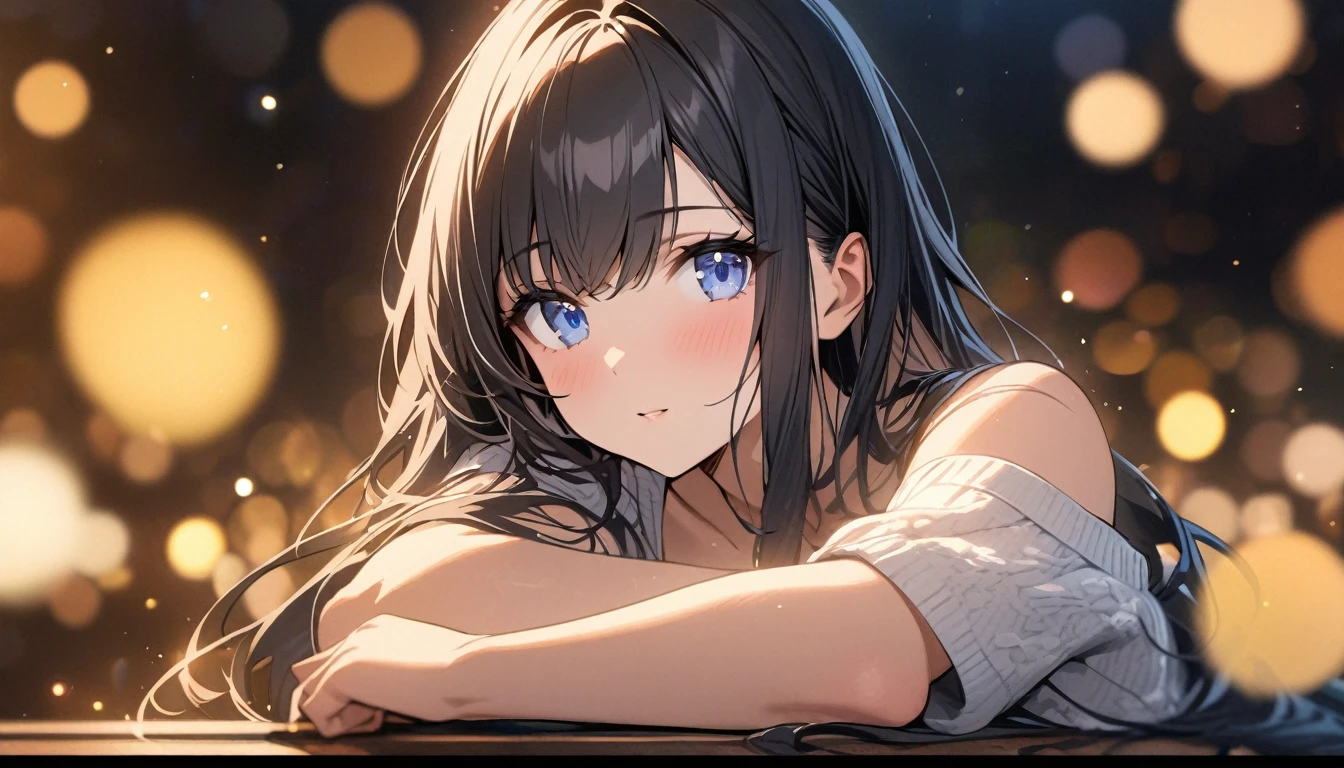 Full resolution, Highest quality, masterpiece, Full HD, Bokeh, particle Bokeh, Written boundary depth, Beautiful girls, Very detailed, One Girl, pretty girl, Black Hair, Long Hair, Blue water eyes