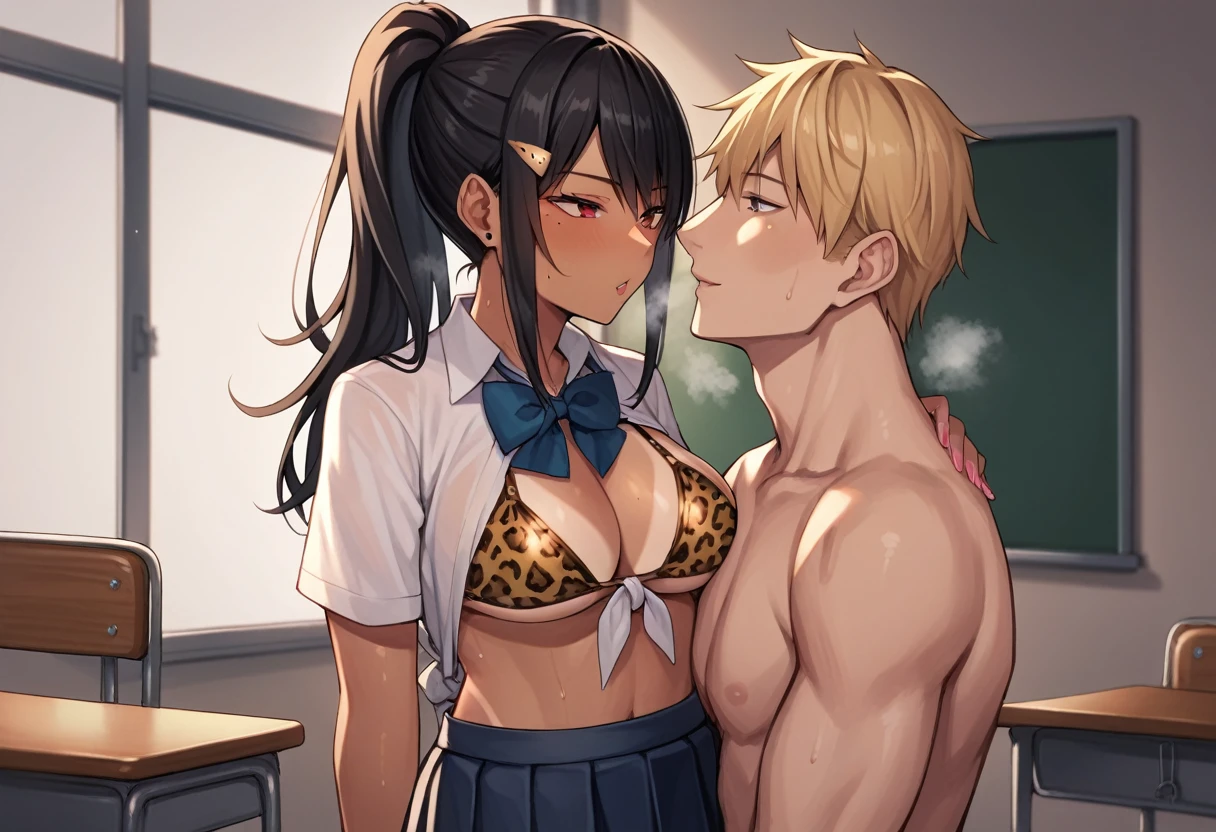 score_9, score_8_up, score_7_up, source_anime BREAK,Mina Ashiro,BLACK HAIR, PONYTAIL, LONG HAIR, HAIR ORNAMENT, MOLE UNDER EYE, MOLE, RED EYES ,GYARU,TIED SHIRT,OPEN CLOTHES,BIKINI,,LEOPARD PRINT,(school uniform:1.3),1female,large breasts,tanlines,dark-skinned female,(steam,Sweat),1horse,Interspecies Sex,Sex while holding on to a horse