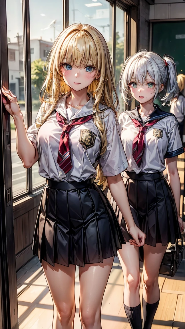 (((3 17 year old girls.))) 1 with yellow hair and green eyes tanned body. 2 white hair and blue eyes. 3 red hair and red eyes with a dark body. All standing in school clothes. High School College Fund.
