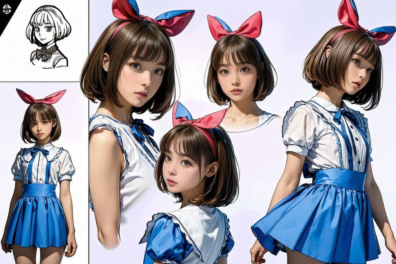 ((masterpiece)),(((Highest quality))),((Reference Sheet, Character Design, front, return, ~ ~ ~ side, short hair, Mr...々performance, Facial Expressions)), , Cute type, (Very slim:1.4), (Very small ass:1.4), Realistic buttocks, Big Breasts, Short Bob, Thin thighs, Long legs, It's not a big deal, ((Alice in Wonderland, wearing a large ribbon on your head,,,))