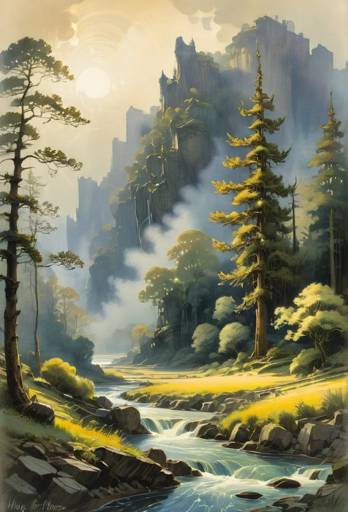 Watercolor Landscape, by Hugh Ferriss, best quality, masterpiece, very aesthetic, perfect composition, intricate details, ultra-detailed