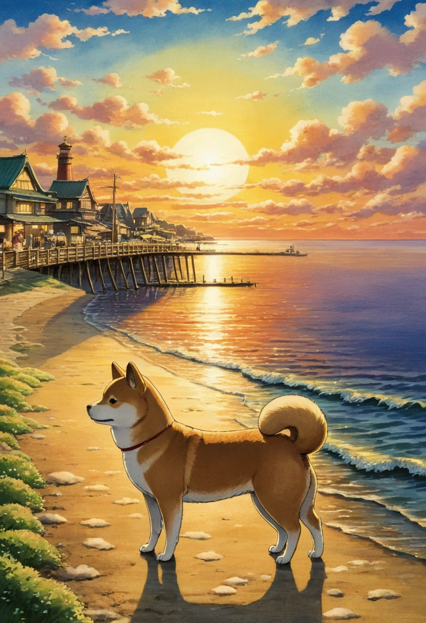 Ghibli　evening　Seaside　Shiba Inu　stroll