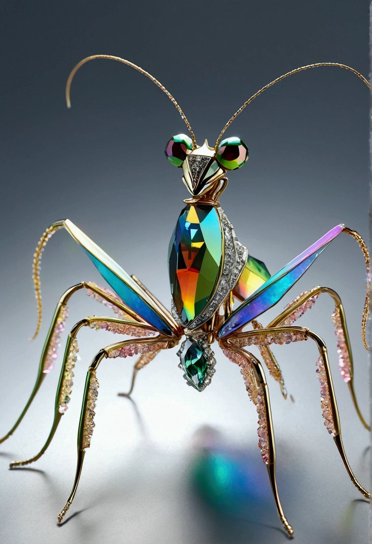 Diamond mantis, crystalline insect sculpture, faceted body, prismatic limbs, light-refracting antennae, brilliant cut mandibles, transparent wings, sparkling compound eyes, gemstone texture, rainbow light dispersion, luxury arthropod, jewelry-like details, studio lighting, high-resolution render, hyperrealistic