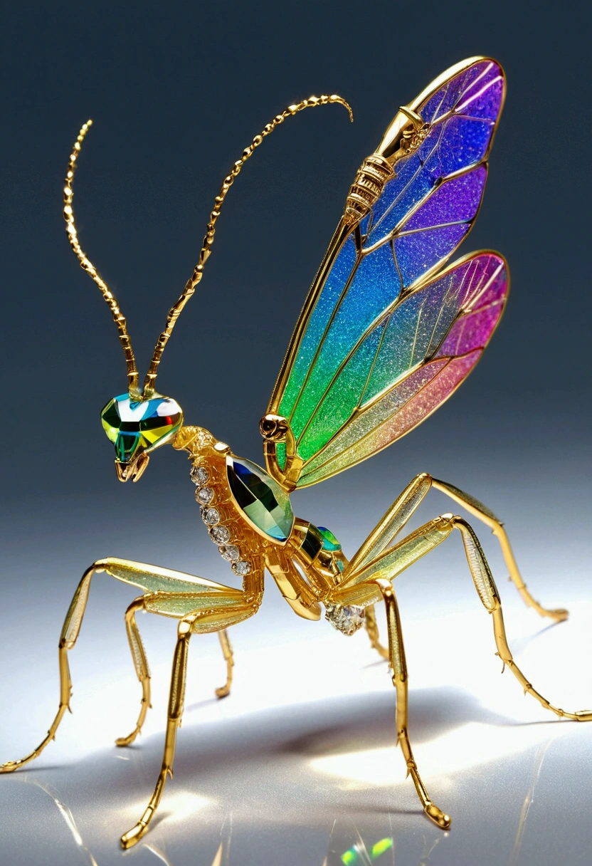 Diamond mantis, crystalline insect sculpture, faceted body, prismatic limbs, light-refracting antennae, brilliant cut mandibles, transparent wings, sparkling compound eyes, gemstone texture, rainbow light dispersion, luxury arthropod, jewelry-like details, studio lighting, high-resolution render, hyperrealistic