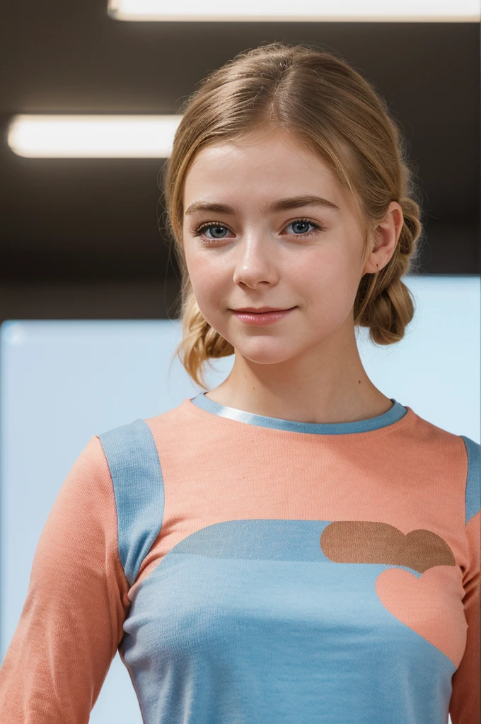 Marketing for Dutch demographics. Product design sheet. Photorealistic clone of McKenna Grace minimalistic lovebot in Buff in a user situation. Full unobstructed view between. High detail in full color. She is undergoing simulated client experience situations with volunteers probing. Fun.