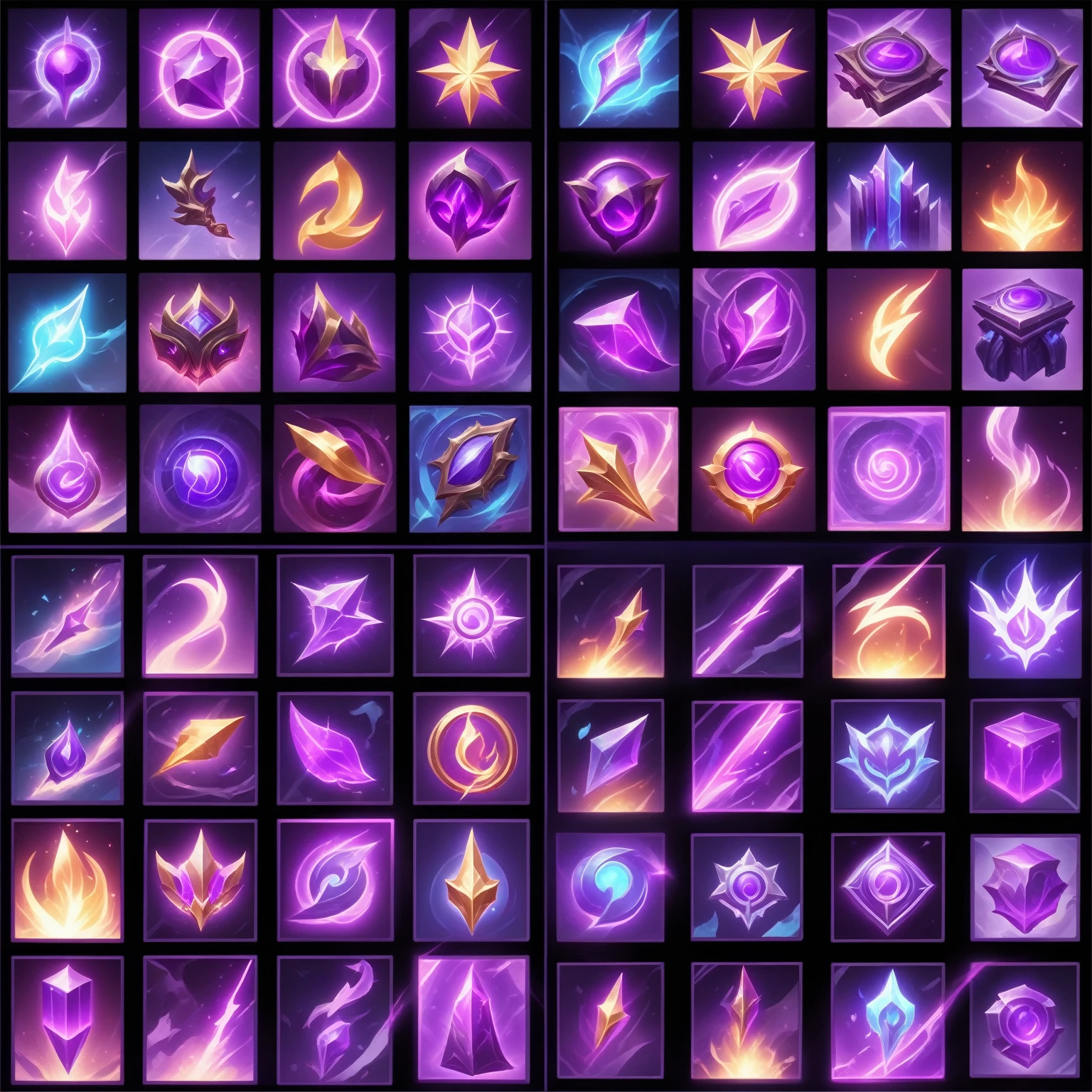 Game Icon Assets, League of Legends style,Skill Icons Neon Glowing Spells, League of Legends Arcane, Glowing energy effect, RPG Inventory Items,, Lightning Mage spell icon, Purple flames surrounding the magic arena, Fantasy game spell icons