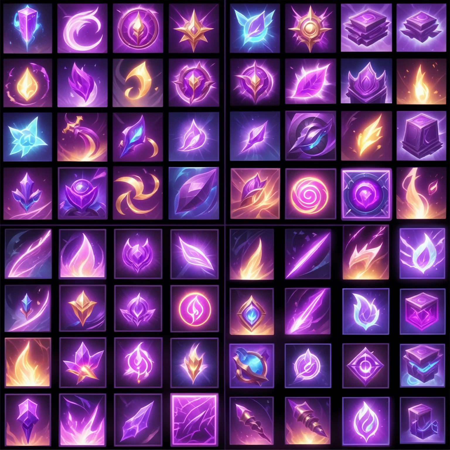  Game Icon Assets, League of Legends style,Skill Icons Neon Glowing Spells, League of Legends Arcane, Glowing energy effect, RPG Inventory Items,, Lightning Mage spell icon, Purple flames surrounding the magic arena, Fantasy game spell icons