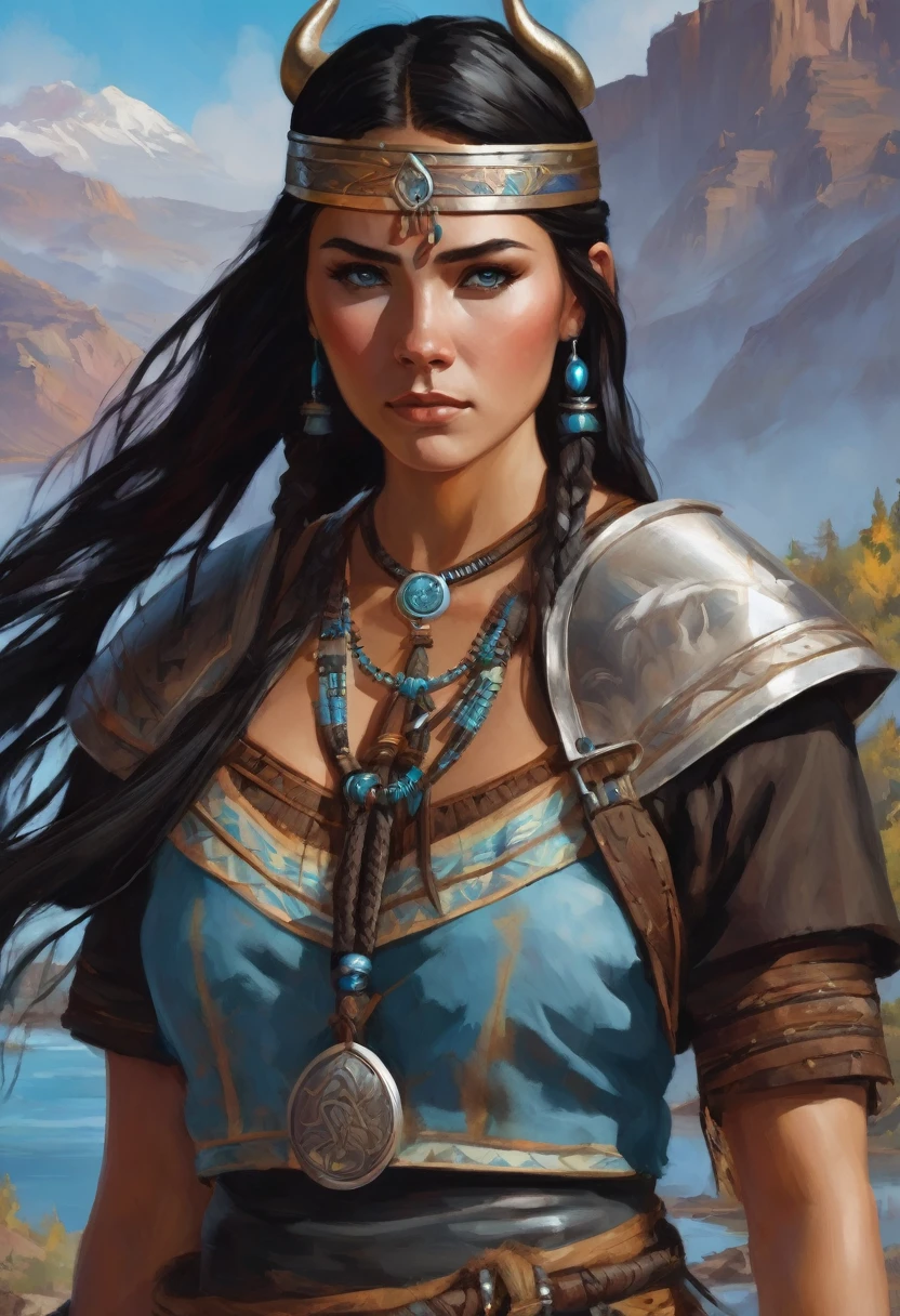 I want you to create a character. She is a young 25-year-old woman with the typical characteristics of the Apache people.  Her long, straight black hair, which is braided, frames a face with tanned skin, common among her people.  His light blue eyes contrast with the color of his skin, creating a penetrating and expressive look.  She wears a traditional Viking outfit, with brown colors and black leather, and she is a warrior.