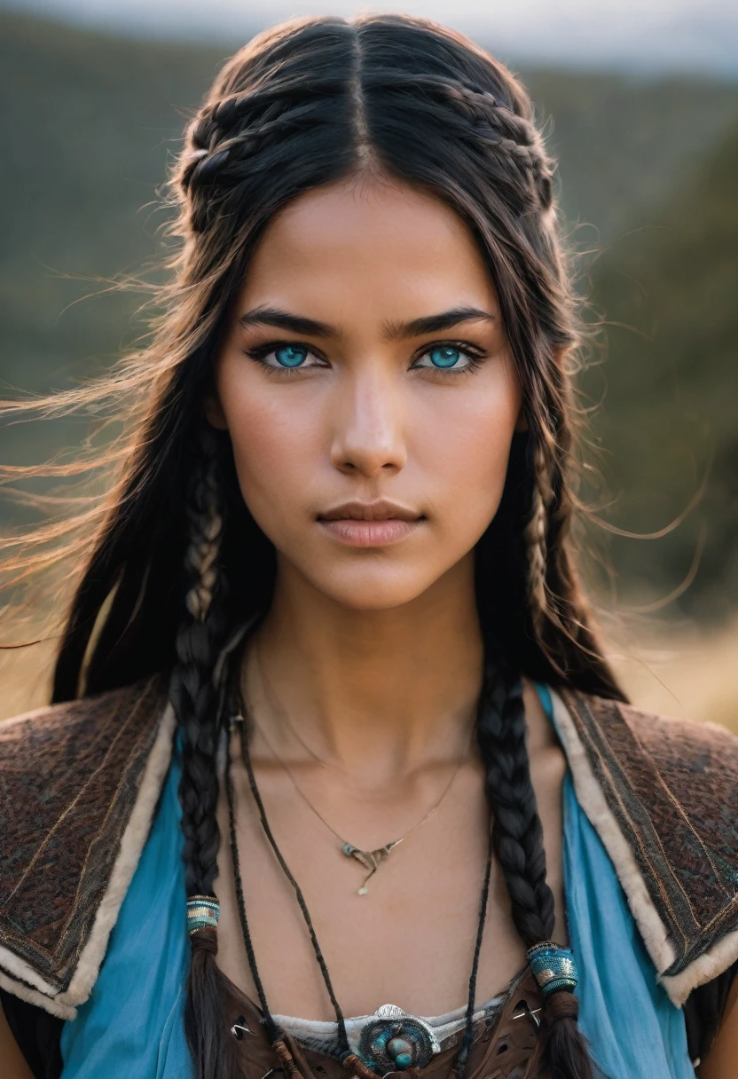 I want you to create a character. She is a young 25-year-old woman with the typical characteristics of the Apache people.  Her long, straight black hair, which is braided, frames a face with tanned skin, common among her people.  His light blue eyes contrast with the color of his skin, creating a penetrating and expressive look.  She wears a traditional Viking outfit, with brown colors and black leather, and she is a warrior.