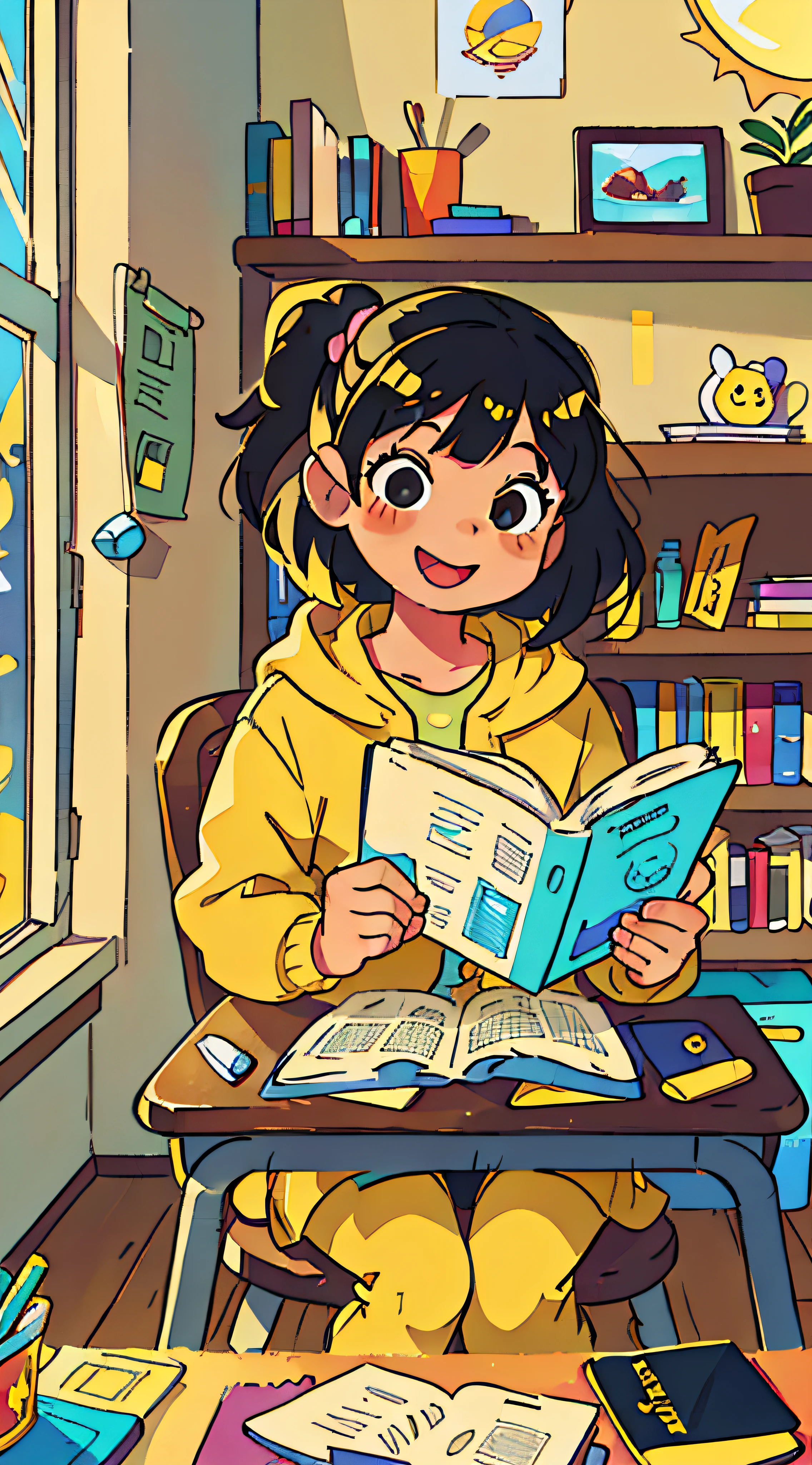 fille super mignonne, Très heureux, fond jaune vif, devant, Personnages Disney, lumière du soleil, murs jaunes, Chambre lumineuse, cheveux noirs, sitting at bureau, lire et étudier, bureau, livres, Éclairage mobile, 3D rendering 8k, behance, mixeur, Moteur de rendu OC, Détails élevés, 8k,