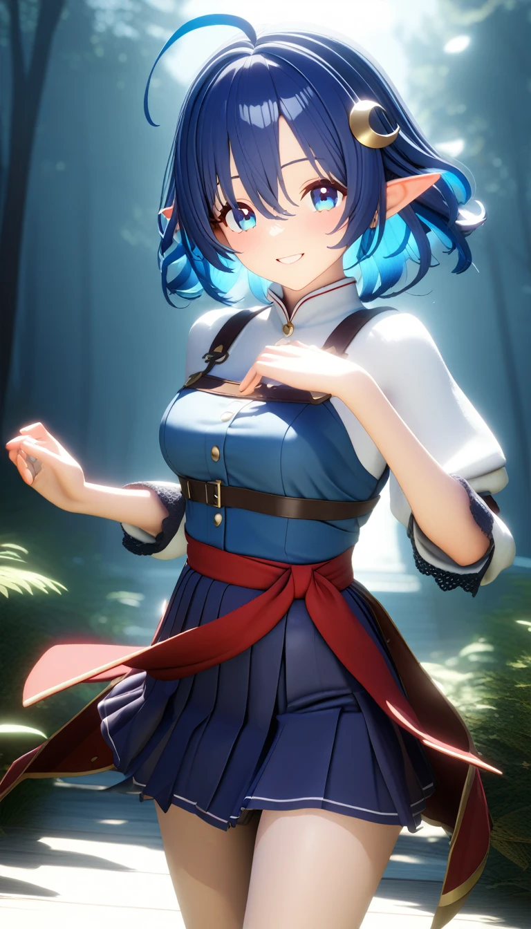 1girl, RENA LANFORD, 1GIRL, AHOGE, BLUE HAIR, SHORT HAIR, BLUE EYES, POINTY EARS
CRESCENT HAIR ORNAMENT, RED CAPE, BLUE VEST, LEATHER ARMOR, RED RIBBON, WAIST RIBBON, BLUE SKIRT, MINISKIRT, SHOES, BREAK kawaii, smile, cowboy shot, own hands clasped, forest, night, lightning bug, light particle, BREAK detailed face, smooth skin, cinematic lighting, volumetric shadow, BREAK 3D, CG illustration, score_9, score_8_up, score_7_up, (masterpiece:1.2), (best quality:1.2), (very aesthetic:1.2), (absurdres:1.2), (detailed background), newest, (intricate:1.2), 