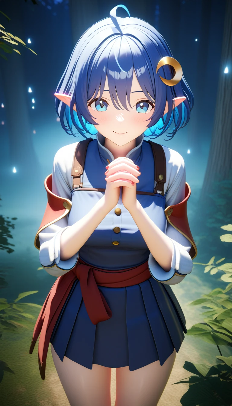 1girl, RENA LANFORD, 1GIRL, AHOGE, BLUE HAIR, SHORT HAIR, BLUE EYES, POINTY EARS
CRESCENT HAIR ORNAMENT, RED CAPE, BLUE VEST, LEATHER ARMOR, RED RIBBON, WAIST RIBBON, BLUE SKIRT, MINISKIRT, SHOES, BREAK kawaii, smile, cowboy shot, own hands clasped, forest, night, lightning bug, light particle, BREAK detailed face, smooth skin, cinematic lighting, volumetric shadow, BREAK 3D, CG illustration, score_9, score_8_up, score_7_up, (masterpiece:1.2), (best quality:1.2), (very aesthetic:1.2), (absurdres:1.2), (detailed background), newest, (intricate:1.2), 