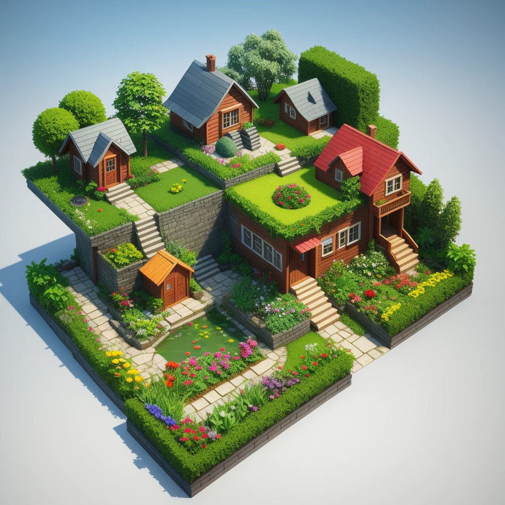 lowpoly garden isometric 3d art cartoon style with 1house, simple object, high detail, best quality, fog volumetric, variation environment, 1angle, 1side,
