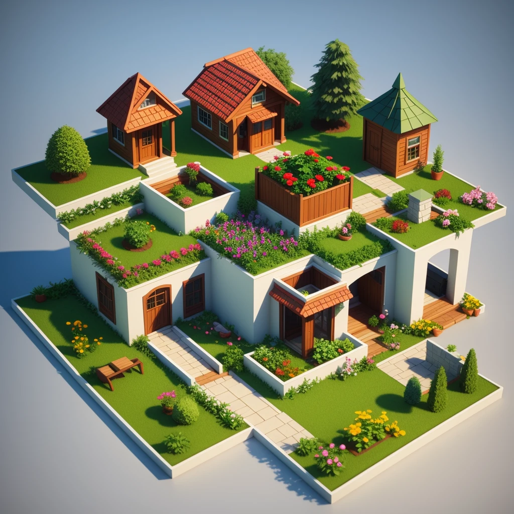 lowpoly garden isometric 3d art cartoon style with 1house, simple object, high detail, best quality, fog volumetric, variation environment, 1angle, 1side, 