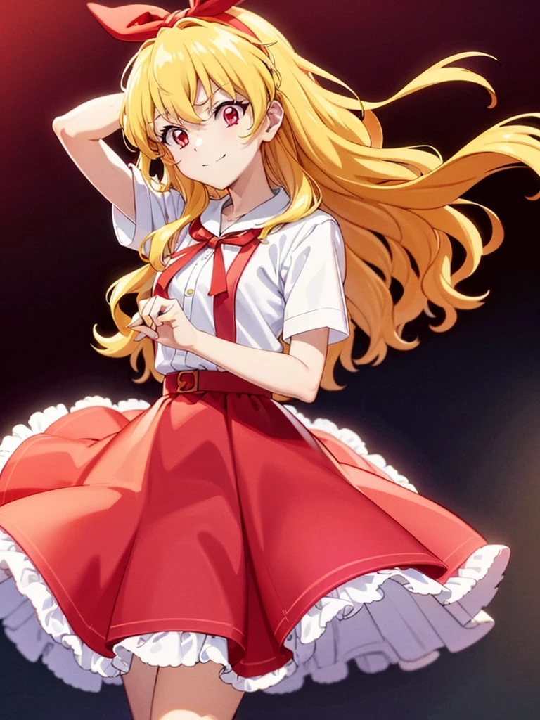(red ribbon on hairband:1.2),（8K, best quality, muste piece:1.2)、ultra high resolution,1 very cute girl,hosimiya ichigo,ultra-detailed face, detailed eyes,RED eyes,,White sailor collar plain short sleeve shirt,light blue skirt,Light blue suspenders,uniform_red ribbon,Blonde Hair,long hair、detailed hand fingers,hand in own hair,smirk,,classroom