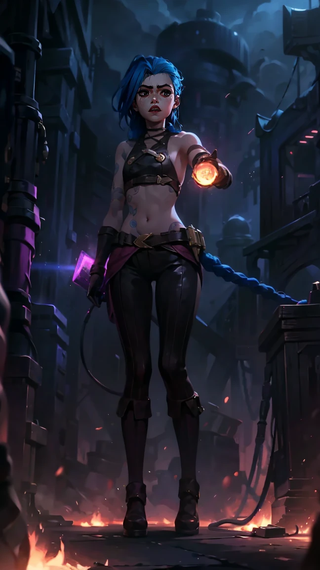 (masterpiece, Best quality), 1 girl, portrait, very sexy, crazy look, smile, crying, pink tears, tears on the cheeks, tears from eyes, full length (full body 1.1.), очень feminine, fighting stance, battle, fire, explosions, burning city, beautiful waist, gloomy composition, flame, fire, Flash, very beautiful, feminine, long hair, hair braided in long braids, very sexy, tight leather pants, emphasis on the eyes, emphasis on the face, Beautiful face, hands, hair, haired ponytail, red purple eyes, Джинкс crying, Blue cloud tattoo, (masterpiece, Best quality), Side lighting, beautiful detailed eyes, crazy face), (Best quality), (masterpiece), magic photography, Spectacular lighting, photorealism, ultra detailed, интимная portraitная композиция, 1. 4,8 K UHD, aesthetic, Cd., a high resolution, 8 K, Better lighting, Best shade, Ultra-HD, a high resolution, Sharp Focus, complex background, cinematic lighting, ((Landscape view)), 4K block, (Better lighting), ((cinematic lighting)),
