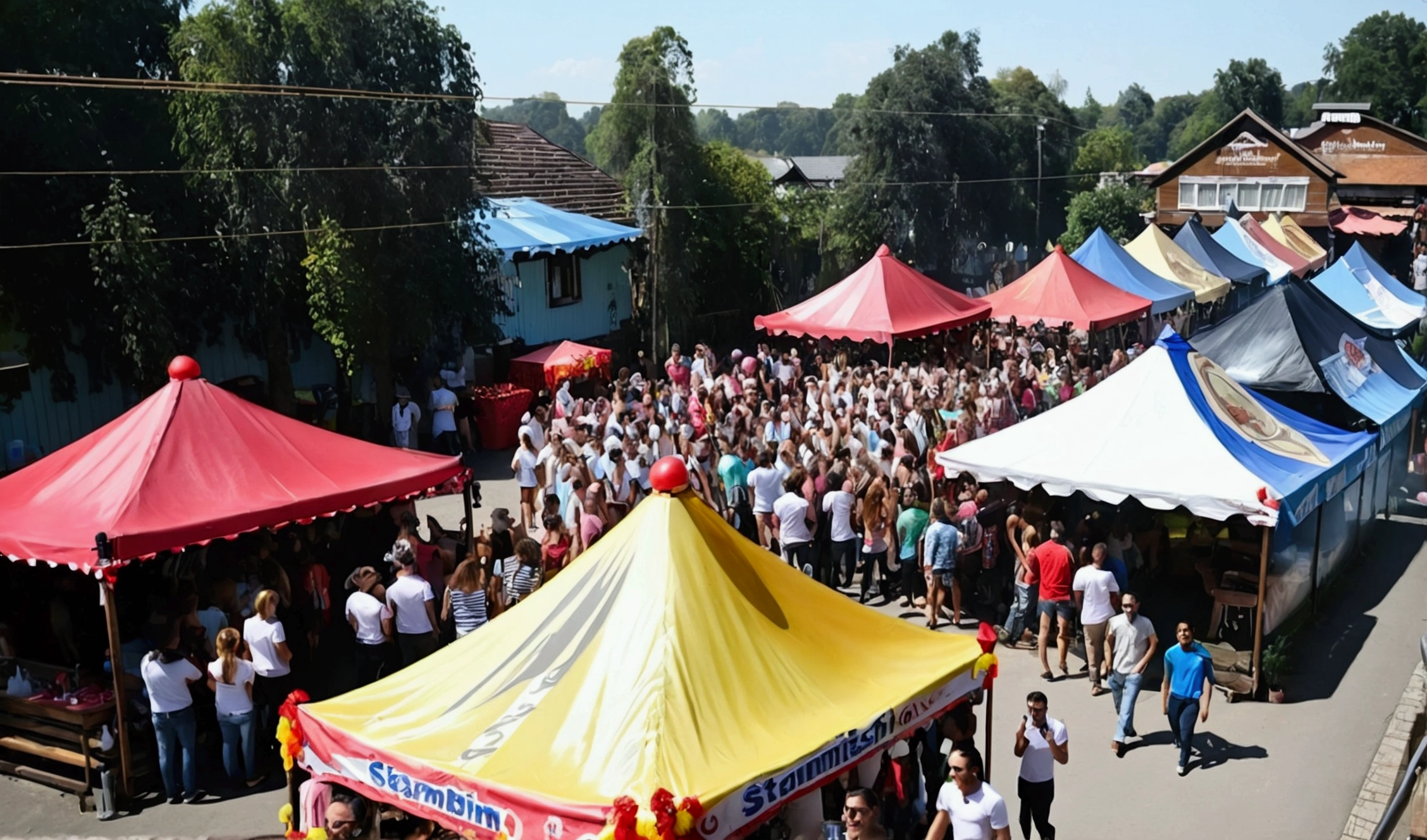Friends at a stammtisch party wearing same-color shirts, drinking and having fun with German decorations and stalls