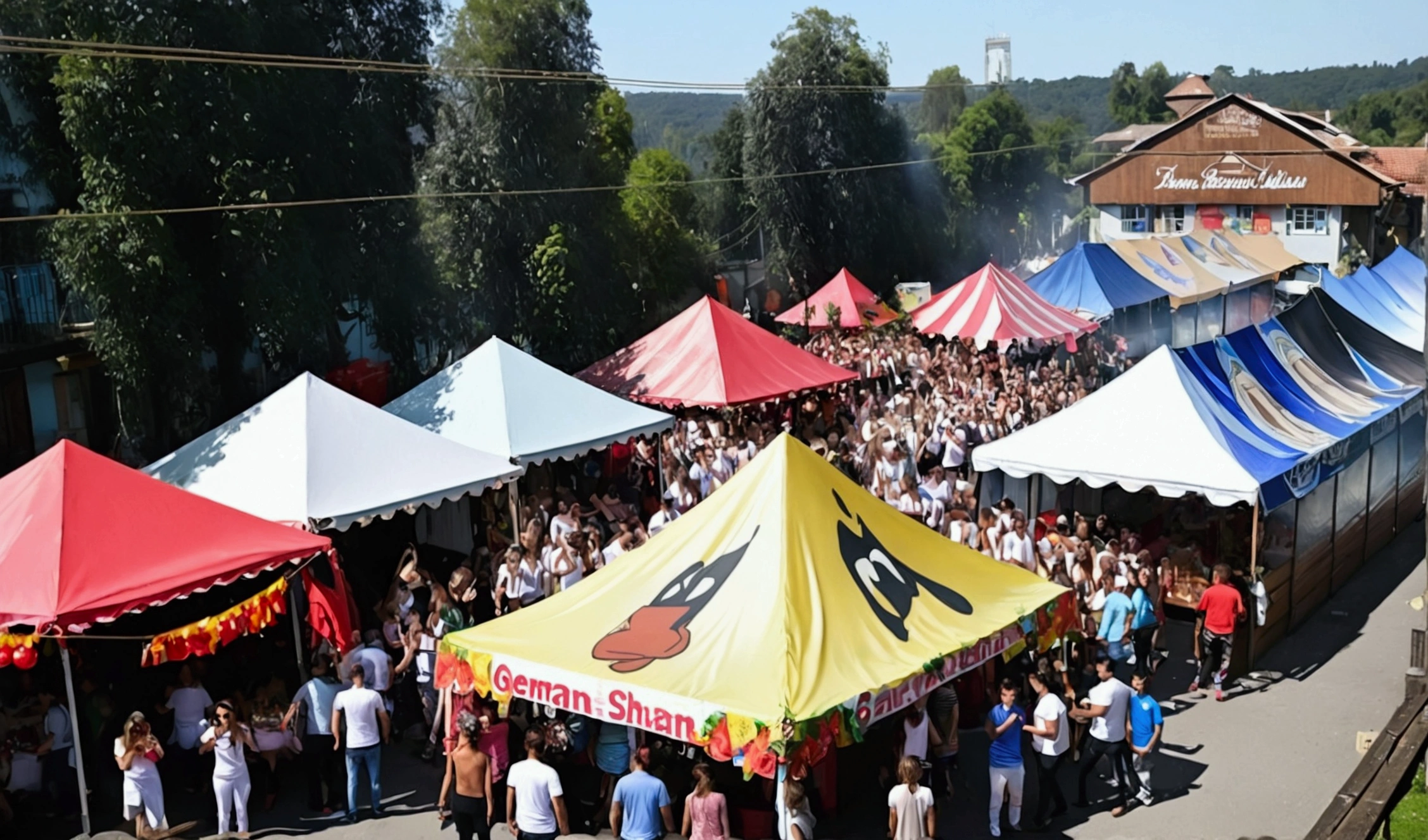 Friends at a stammtisch party wearing same-color shirts, drinking and having fun with German decorations and stalls