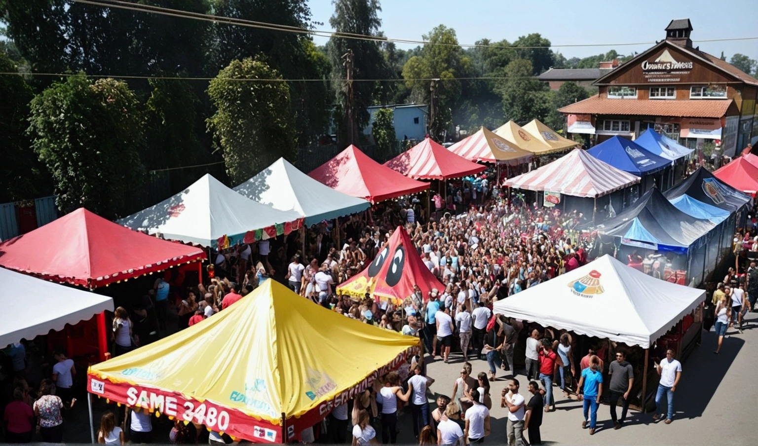 Friends at a stammtisch party wearing same-color shirts, drinking and having fun with German decorations and stalls