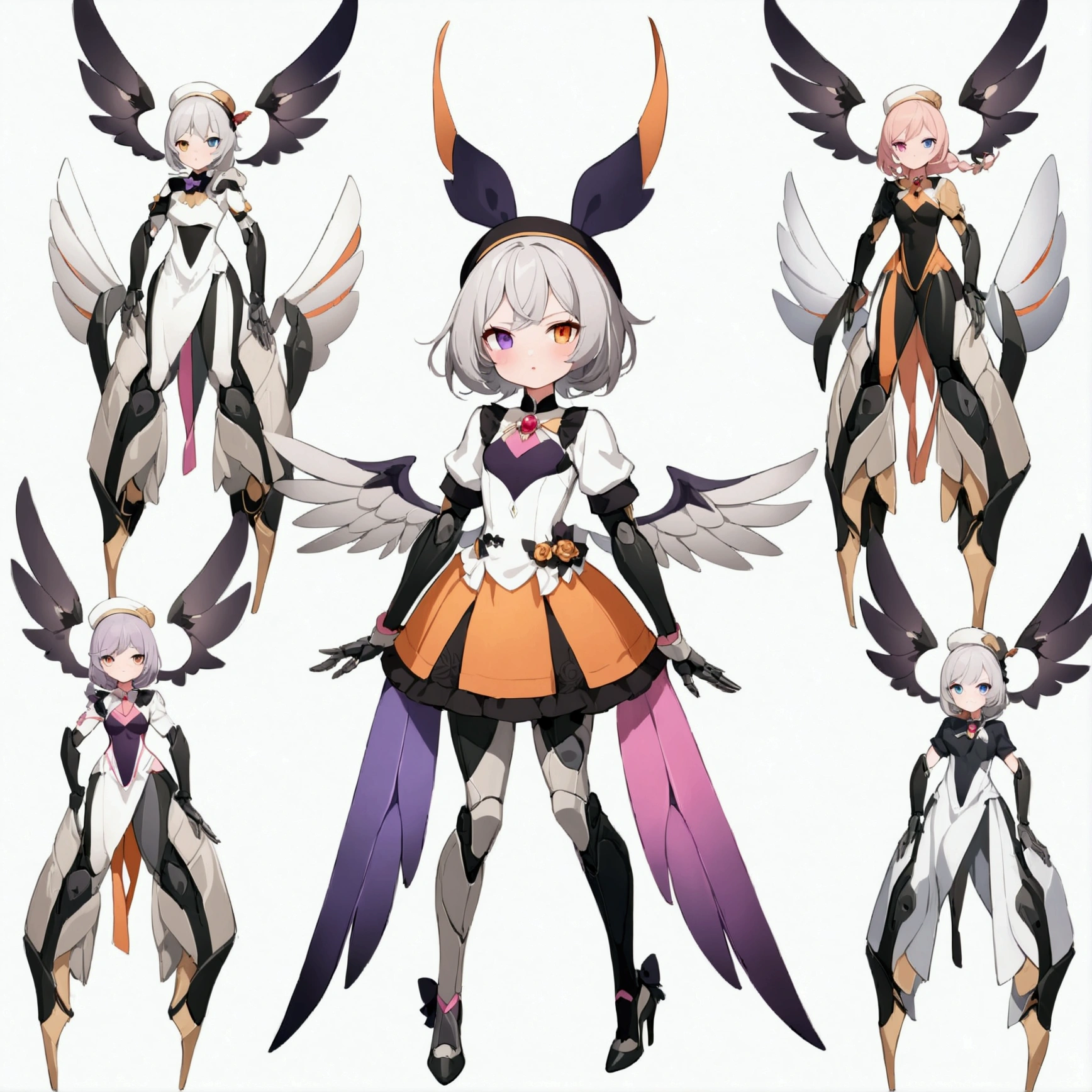 woman 160 cm tall, slim build, , charming look, ((heterocromia: look like, derecho naranja y look like izquierdo violeta)), (gray hair with pink highlights wavy shoulder length, He has a short braid on the left side of his hair on his chest., big open bangs, has a gear hairpin on the left side of the hair), (((complex mechanical legs up to the hip, The legs are black with gray parts with small pink details))), (((complex mechanical arms up to the elbows, The arms are black with gray parts with small pink details))), (complex mechanical angel wings of white color with dark gray parts), elegant black French beret with an orange rose ribbon, (elegant thigh-length one-piece dress, bell skirt, short sleeves, elegant black hip belt with orange parts, small rose brooch in the middle of the chest, beautiful stiletto heels, blue and black ribbon decorations on the dress, (((character design sheet: Front view))), ((Whole body)), extremely detailed beautiful hair, beautiful detailed dress, extremely detailed arms, extremely detailed face, (Extremely detailed hands), perfect hands, small face, hermosos look likes detallados, beautiful detailed lips, adorable, extremely detailed legs, (Best Quality, 8k, High resolution), ultra detailed, Exquisite and epic character art, ((White background)), (Focus on symmetry).