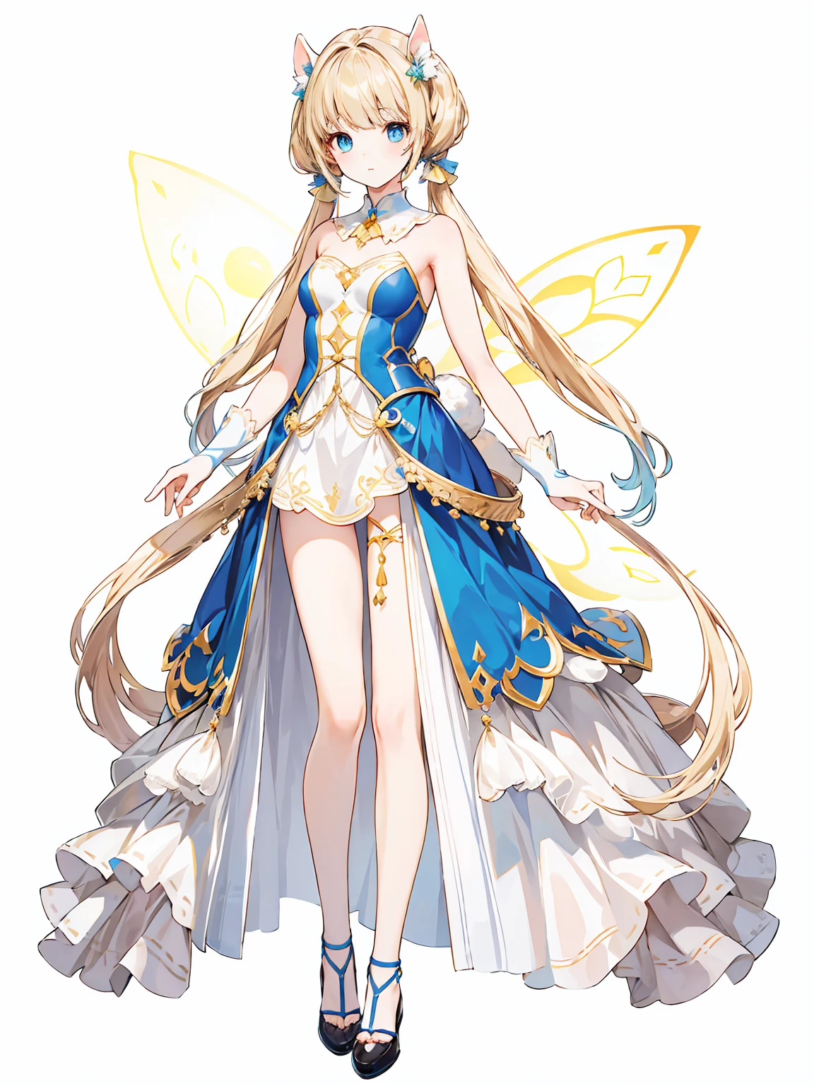 Full body ,dynamic Standing ,(realistic:1.37)、Full body ,(Masterpiece),((Pale color)),35mm, debt/1.2, 超high resolution, Pay attention to details, Highest quality, high resolution, Masterpiece、rabbit and girl、fairy tale world、cute、girl surrounded by rabbits、In the forest、Pale color、light production、twin tail、blue hair、blue costume、((Blonde、blue eyes)), full body, full body , white background , (Full body:1.5), Blank white background, (white background), Transparent background, looking down, ((masterpiece, illustration, best quality)) 