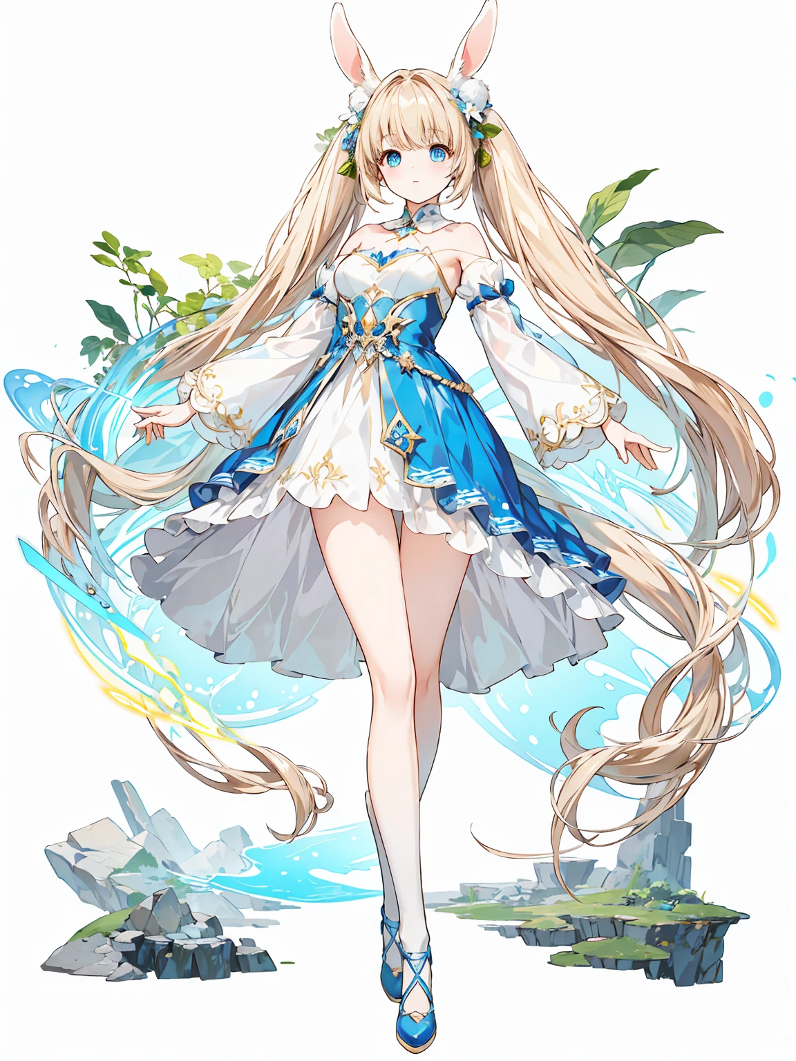 Full body ,dynamic Standing ,(realistic:1.37)、Full body ,(Masterpiece),((Pale color)),35mm, debt/1.2, 超high resolution, Pay attention to details, Highest quality, high resolution, Masterpiece、rabbit and girl、fairy tale world、cute、girl surrounded by rabbits、In the forest、Pale color、light production、twin tail、blue hair、blue costume、((Blonde、blue eyes)), full body, full body , white background , (Full body:1.5), Blank white background, (white background), Transparent background, looking down, ((masterpiece, illustration, best quality)) 