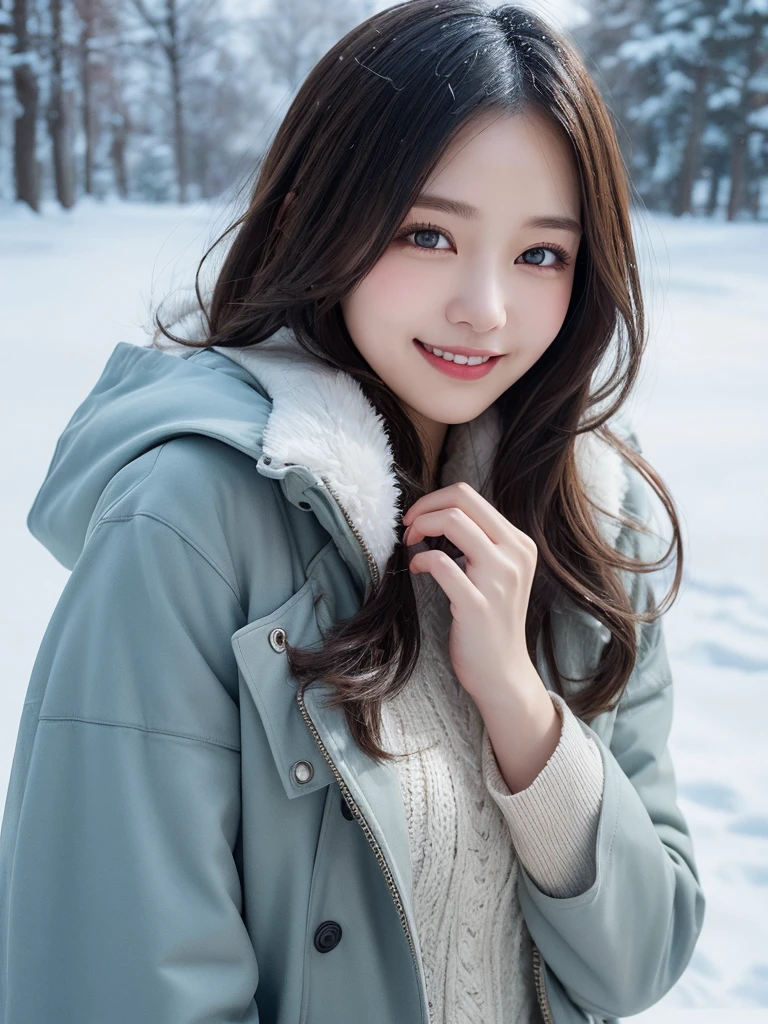 masterpiece, best quality, illustration, ultra-detailed, finely detailed, high resolution, 8K wallpaper, perfect dynamic composition, beautiful detailed eyes, snowy landscape, winter coat, medium hair, small breasts, warm pose, smile, looking at camera